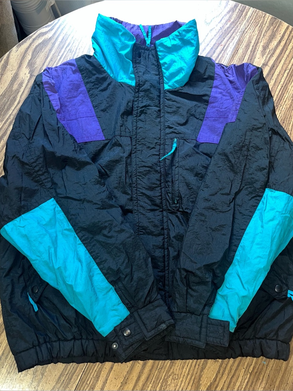 Retro Peter England Black Windbreaker with Teal and Purple Accents